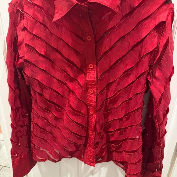 Tops - Red Ruffled Button up blouse with diagnonal pleats